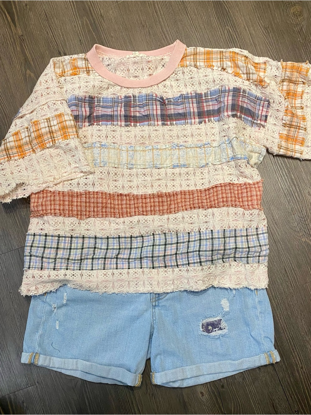 Oli and Hali Multicolor Lace & Plaid Knit Top - Pink Trim